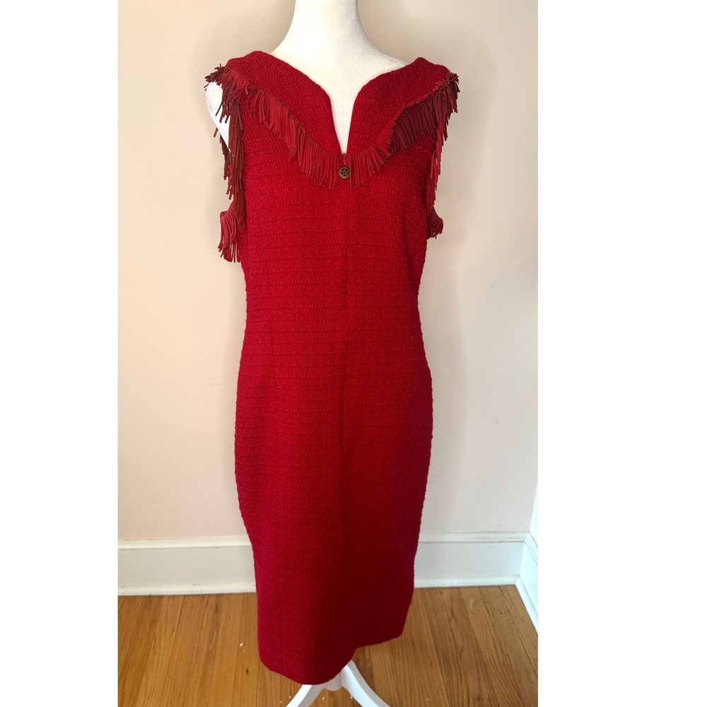 Chanel RUNWAY Paris-Dallas Red Fringe Tweed Sleeveless Midi Dress 2014 FR42 US10